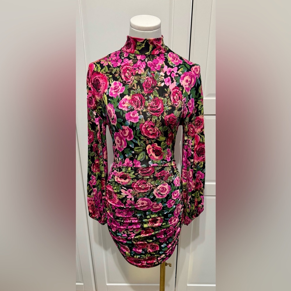 Aqua Rose Print Mesh Mock Neck Ruched Pink N Green Mini Puff Sleeves Dress Sm